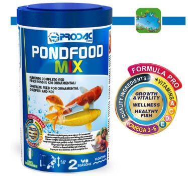 PONDFOOD MIX  è un nuovo mangime di Prodac International  per tinche, alborelle, carpe koi, pesci rossi di piccola e media taglia che vivono in laghetti